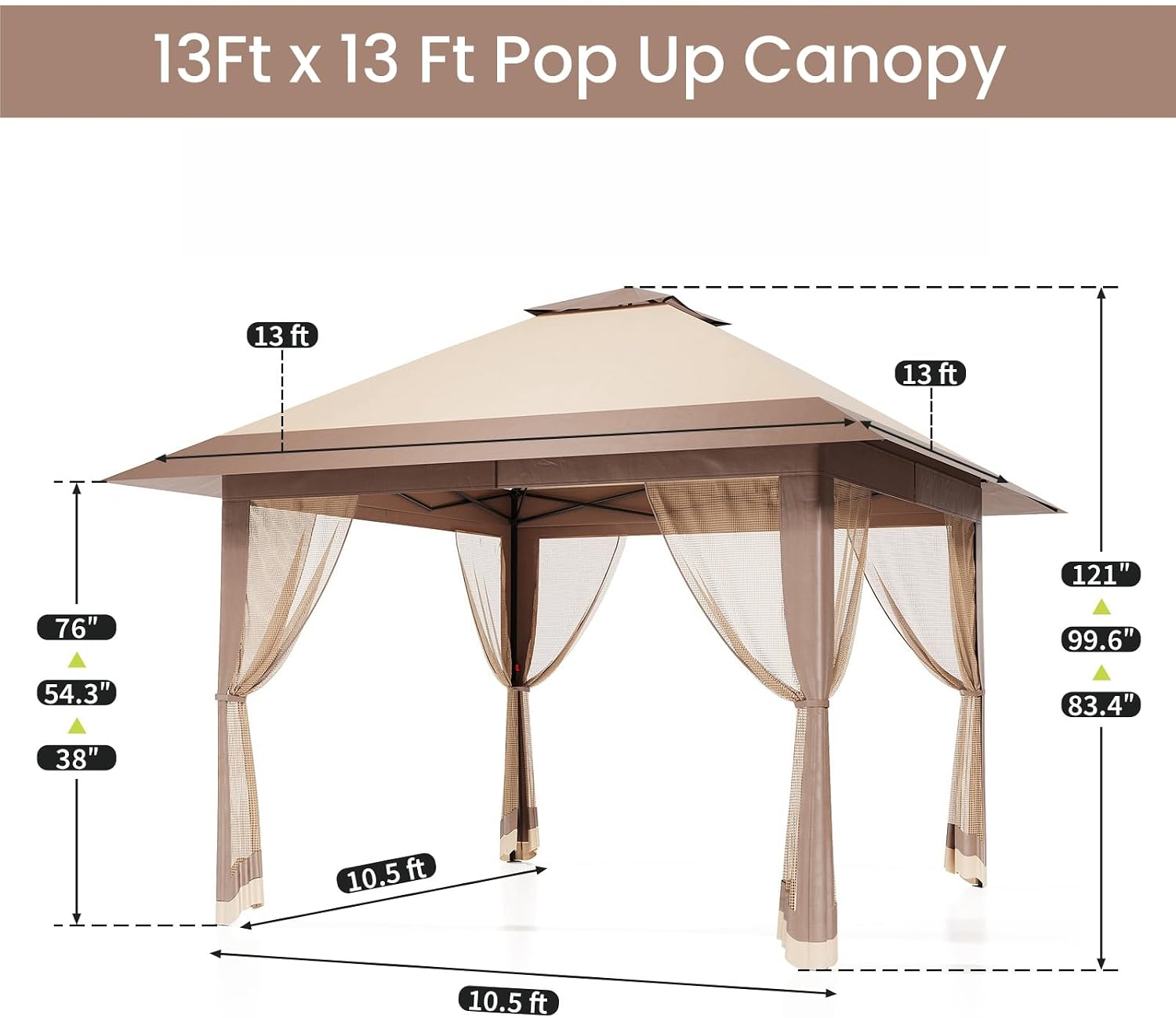 13'x13' Gazebo, Pop Up Patio Gazebo Outdoor Canopy Tent with Double Roof Mosquito Netting & Portable Carry Bag for Backyard Lawn Deck Garden (Khaki)