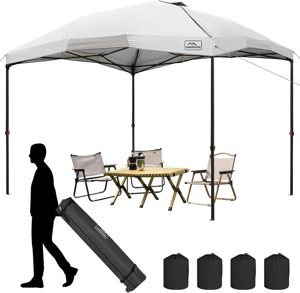 KAMPKEEPER 12x12 Pop Up Canopy Tent,Heavy Duty Outdoor Sun Shade for Events,Camping,Parties - Polygonal Patio Gazebo with Wheeled Bag,4 sandbags (White, 12x12FT)