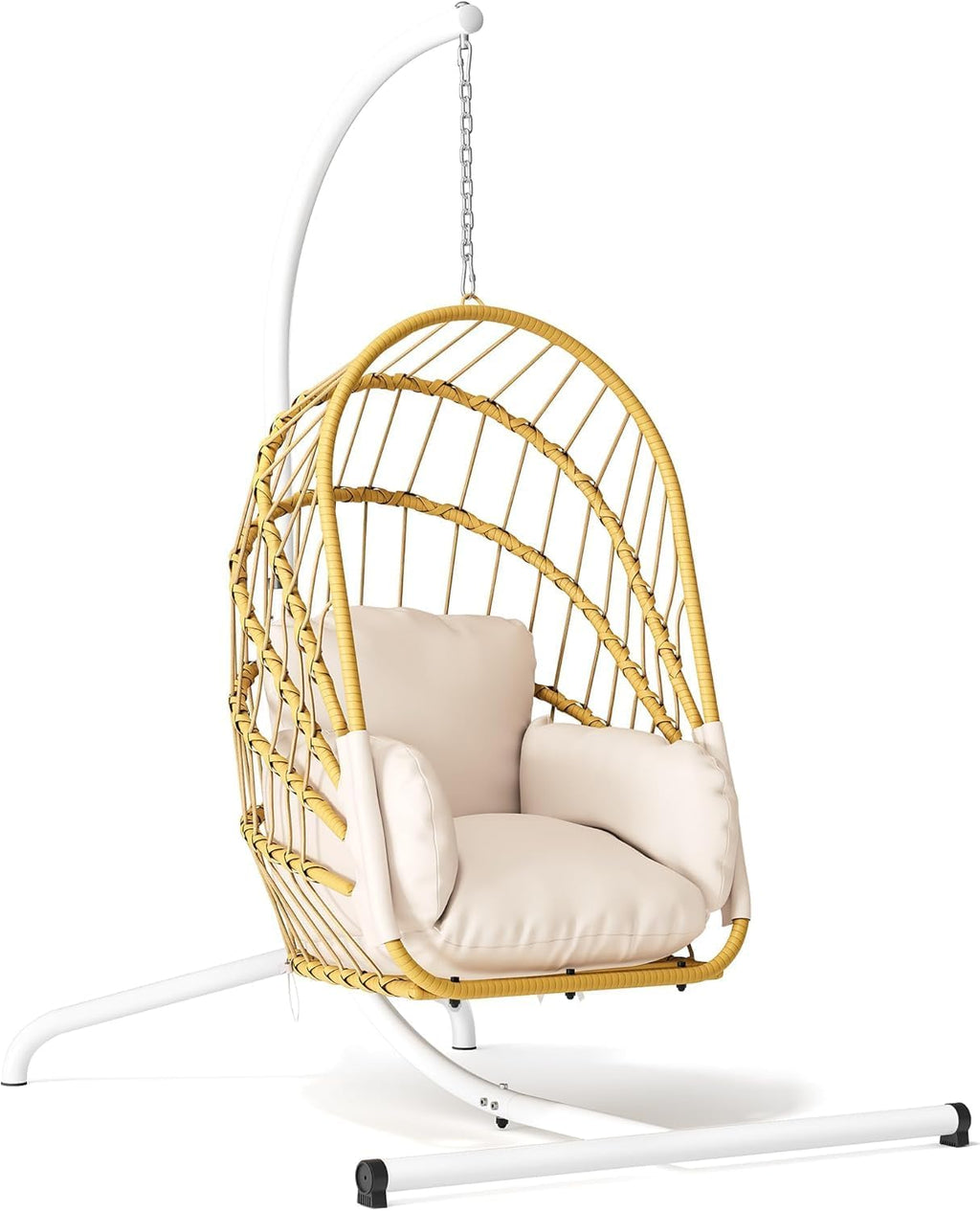 YITAHOME Hanging Egg Chair with Stand, Rattan Wicker Swing Egg Chair with Resistant Cushion, 350lbs Capacity, Foldable Hanging Rattan Basket Chair for Porch, Garden, Bedroom, Balcony, Beige