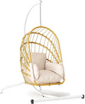 YITAHOME Hanging Egg Chair with Stand, Rattan Wicker Swing Egg Chair with Resistant Cushion, 350lbs Capacity, Foldable Hanging Rattan Basket Chair for Porch, Garden, Bedroom, Balcony, Beige