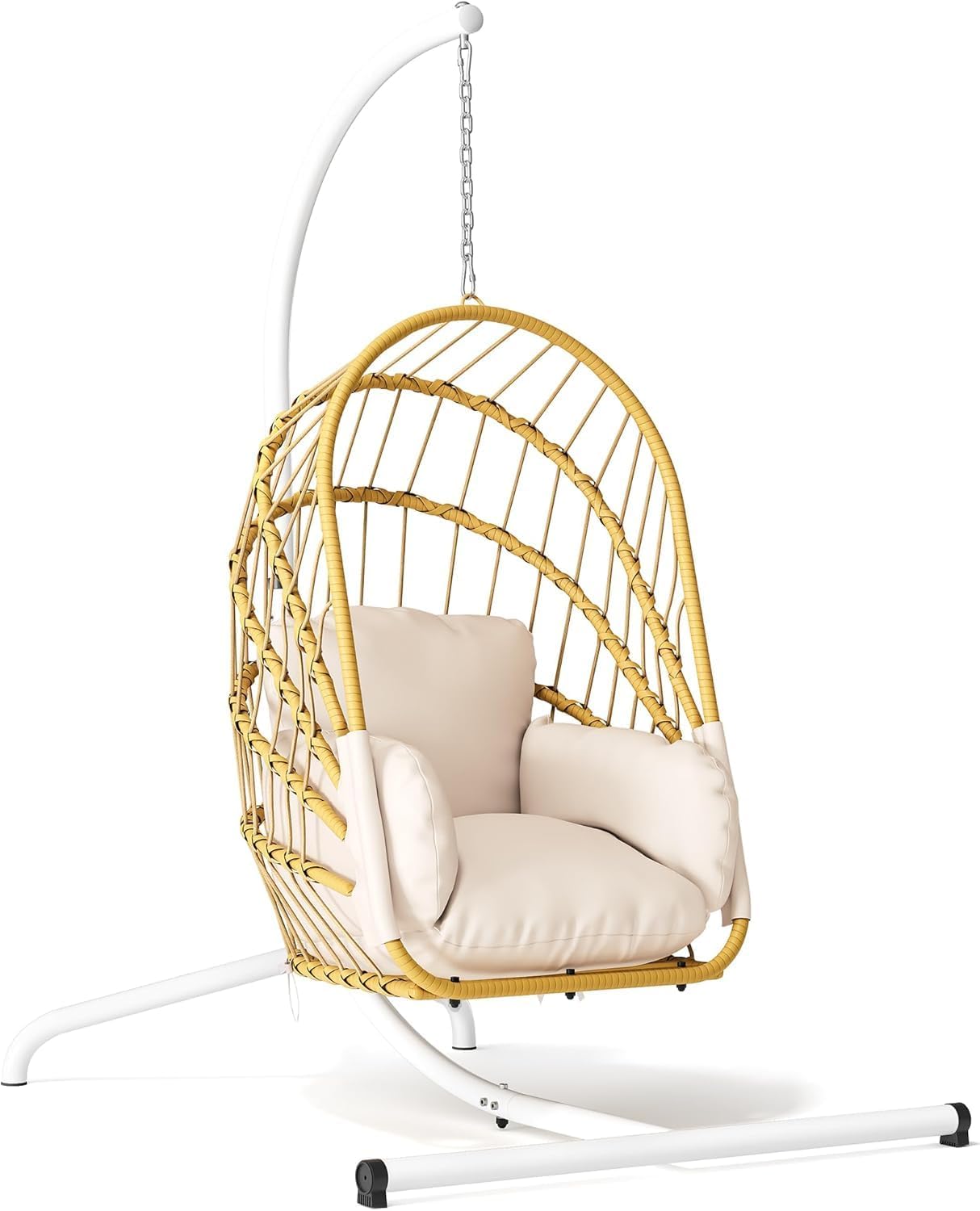 YITAHOME Hanging Egg Chair with Stand, Rattan Wicker Swing Egg Chair with Resistant Cushion, 350lbs Capacity, Foldable Hanging Rattan Basket Chair for Porch, Garden, Bedroom, Balcony, Beige
