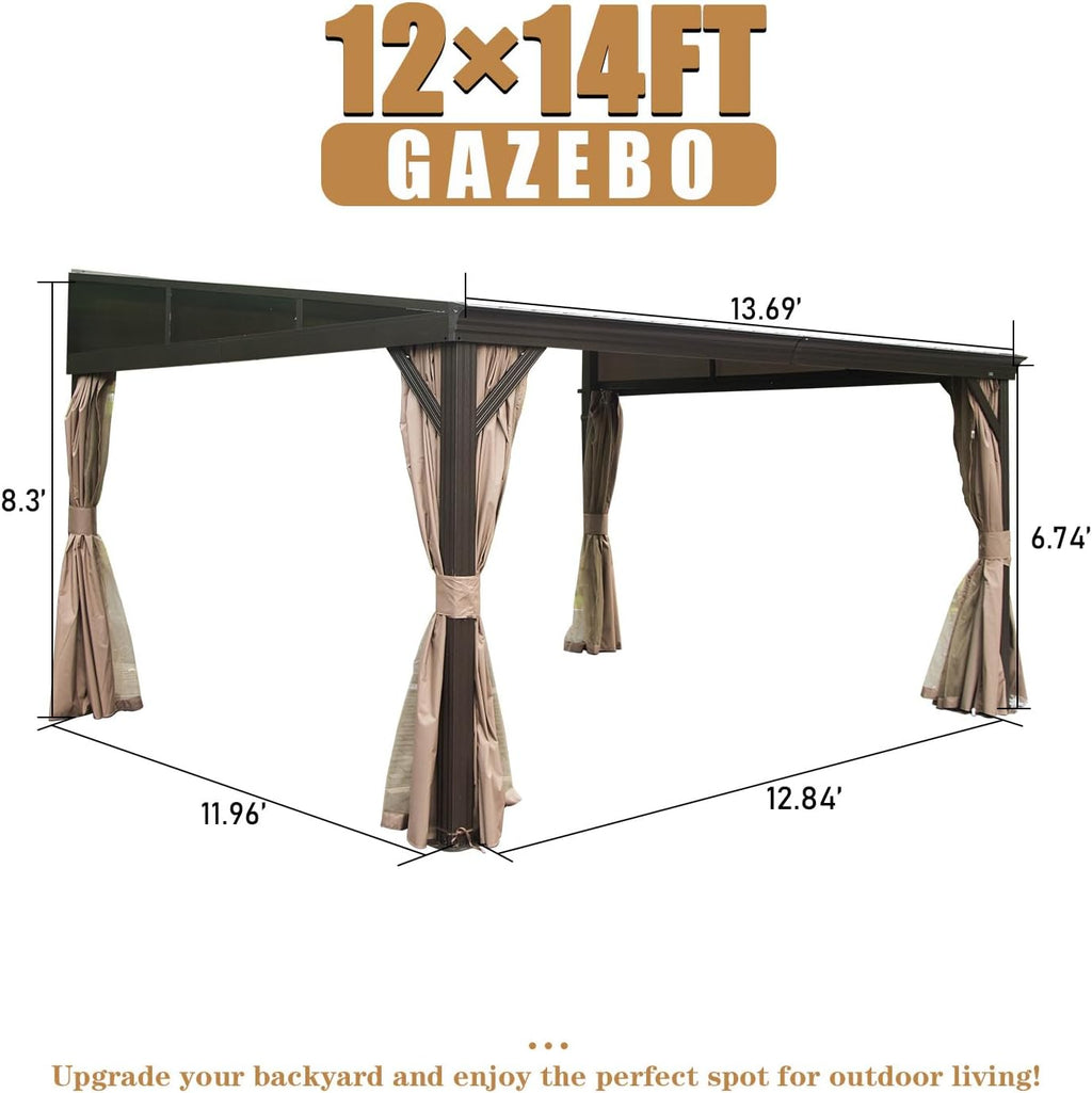 Domi 12x14FT Wall-Mounted Hardtop Gazebo, Aluminum Lean to Gazebo with Galvanized Steel Sloping Roof, Curtains & Netting for Outdoor Patio, Deck, Backyard, Garden Parties