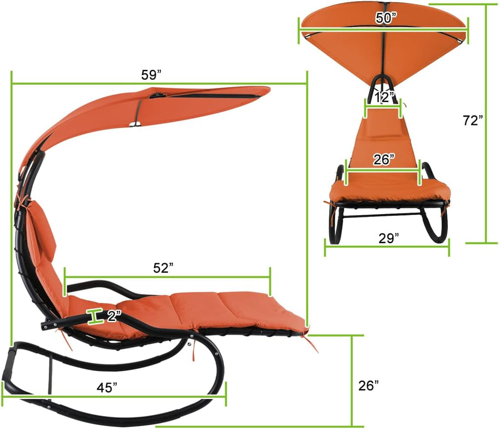 Outdoor Hammock Rocking Chaise Lounge Swing Chair, with Stand and Canopy, Porch Swing w/Soft Cushion Removable Headrest, Outdoor Recliner Rocking Chair for Garden Backyard Poolside (Orange)