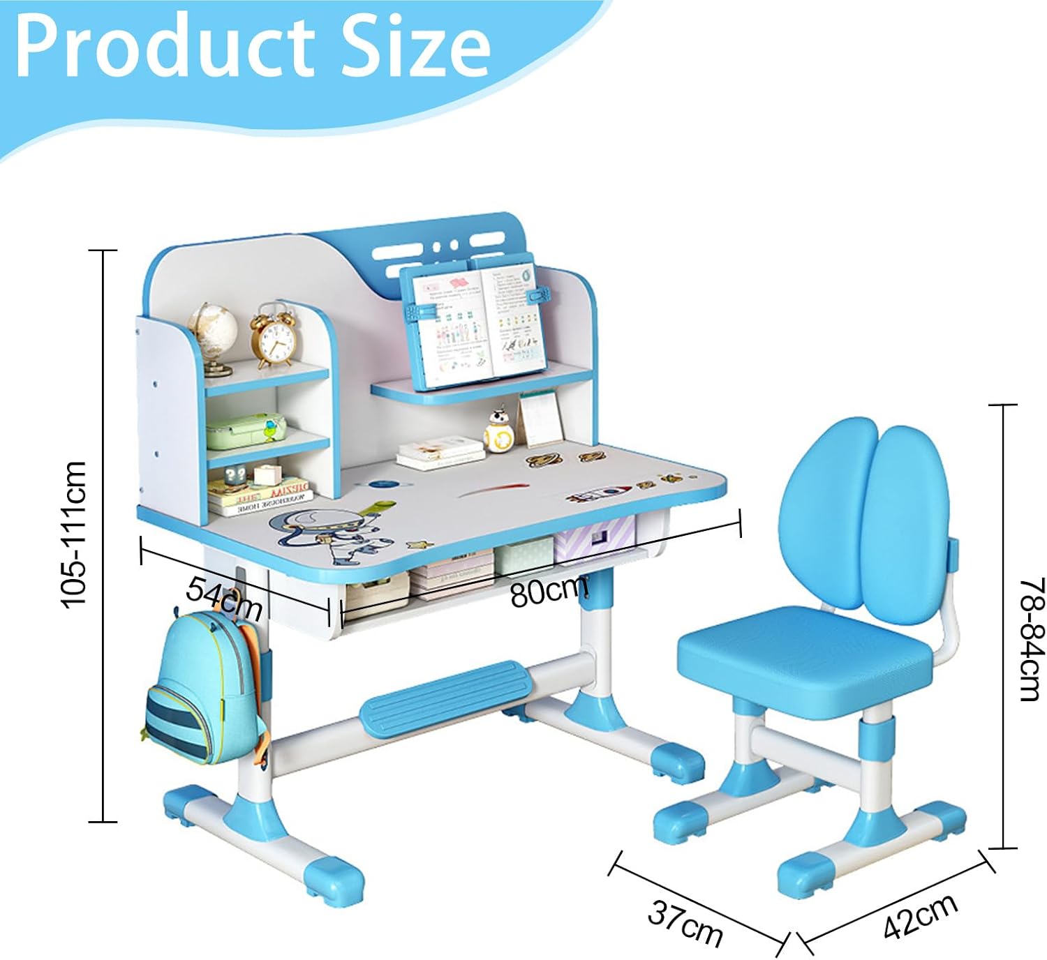 Kids Study Table and Chair Set, Height Adjustable Kids Study Desk with Cartoon Pattern, Widened Tabletop, Back Support & Spine Protect, Prevent Myopia, for Boys & Girls 3+ (blue2)