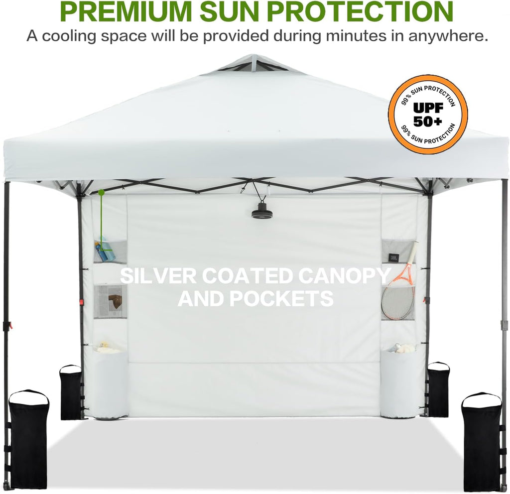 Tunbne 10'x10' Pop Up Canopy Tent with 1 Sidewall and 6 Pockets, One Push Setup, Instant Shade Tent with Vented Roof for Beach Patio Outdoor, Case, 8 Stakes, 4 Ropes, 4 Sandbags (White)