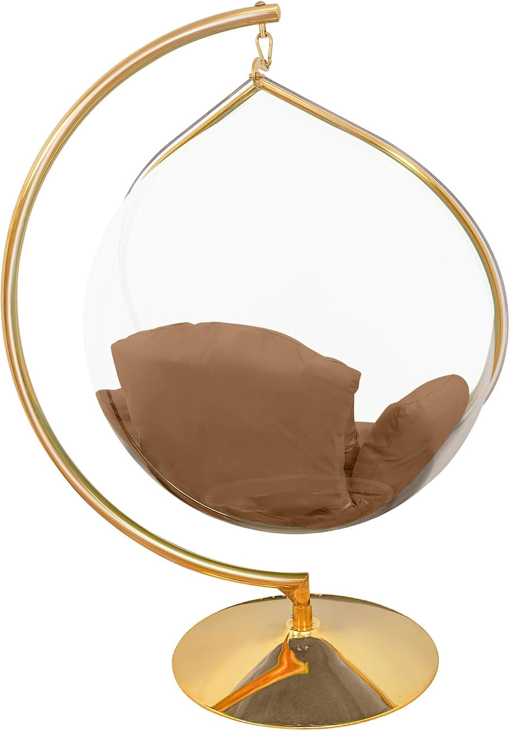 Hanging Chair - Transparent Acrylic Bubble, Waterdrop Shape, Indoor Swing Chair with Gold/Chrome Stand, Durable Fabric Cushion - Luxury Accent for Living Room, Bedroom (Gold/LightCoffee)