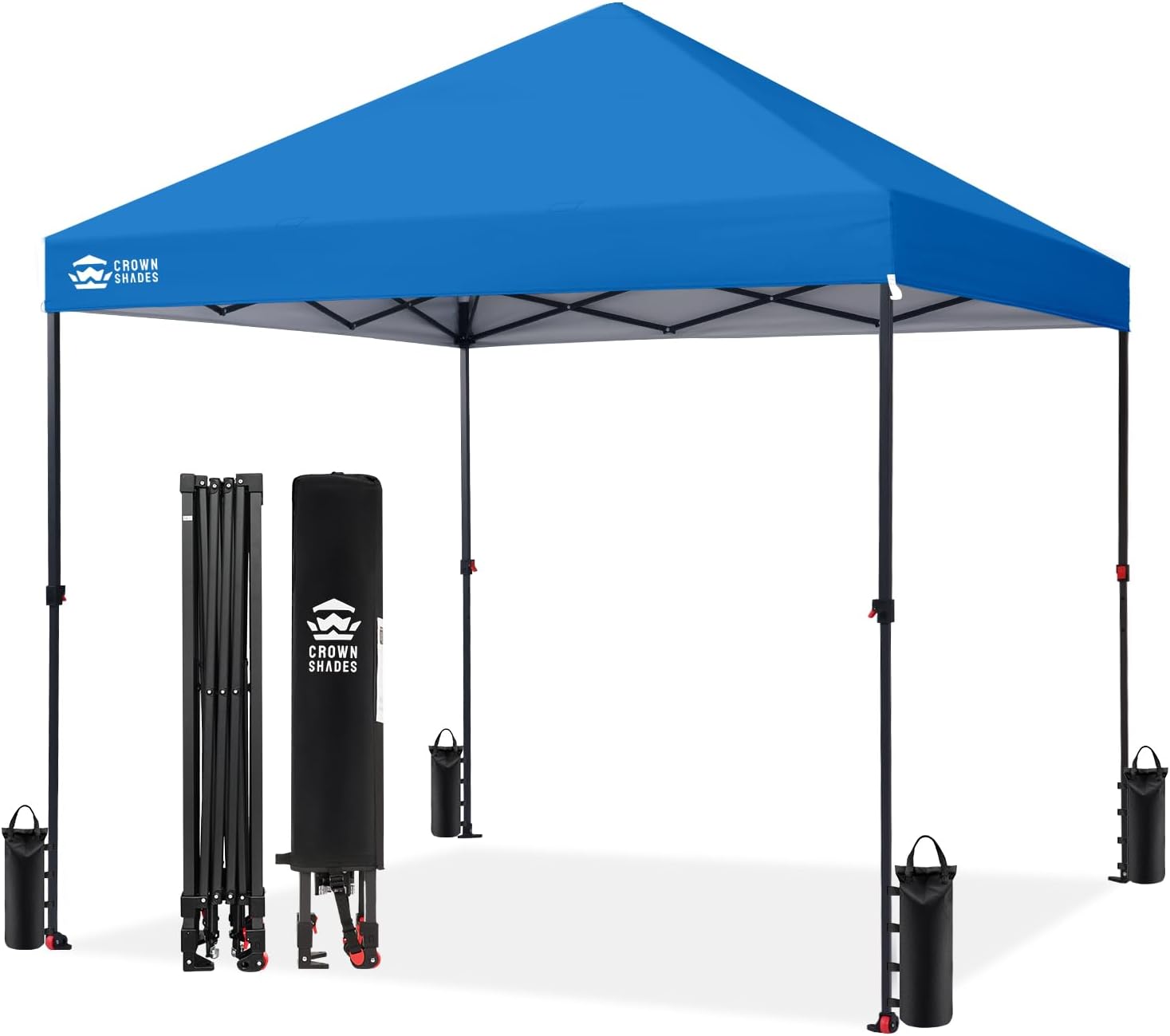 CROWN SHADES 8x8 Pop Up Canopy - Patented Center Lock One Push Instant Outdoor Canopy Beach Tent with STO-N-Go Bag 8 Stakes & 4 Sand Bags，Blue