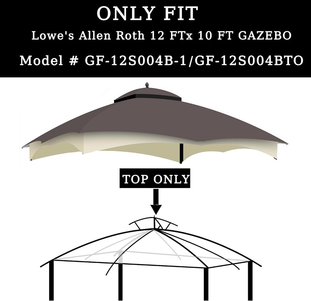 10x12 Ft Outdoor Patio Gazebo Replacement Canopy for Lowe's Allen Roth 10x12 Gazebo #GF-12S004B-1, Double Tiered Roof Top Cover, UV Protection & Waterproof Fabric, Brown (Frame Not Included)