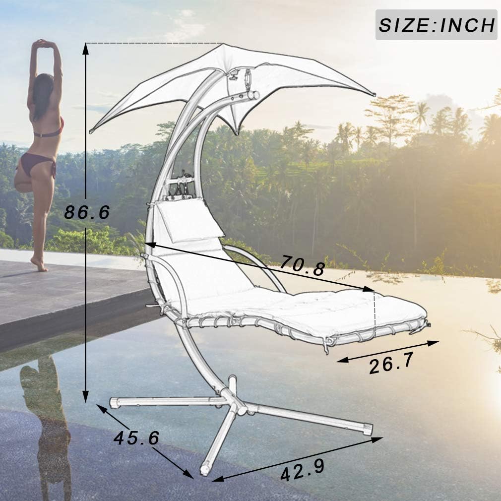 Hammock Chair Hanging Chair Lounge Chairs Outdoor Porch Swing Arc Stand with Canopy Umbrella and Pillow, 280 LBS Capacity, Heavy Duty Large Air Floating Chaise Chair for Patio Backyard Deck - Blue