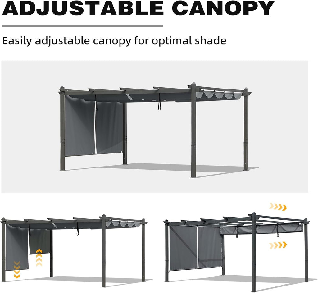 BPS 12x14 FT Outdoor Pergola - Retractable Shade Canopy with Aluminum Frame & Roller Shade Curtains for Patio, Backyard, or Deck, Gray