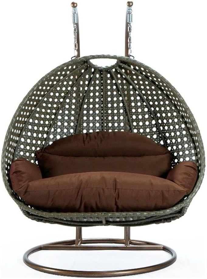 LeisureMod Brown Wicker 2 Person Egg Swing Chair with Beige Stand and Cushions – Double Hanging Hammock Lounge for Patio, Indoor & Outdoor Use