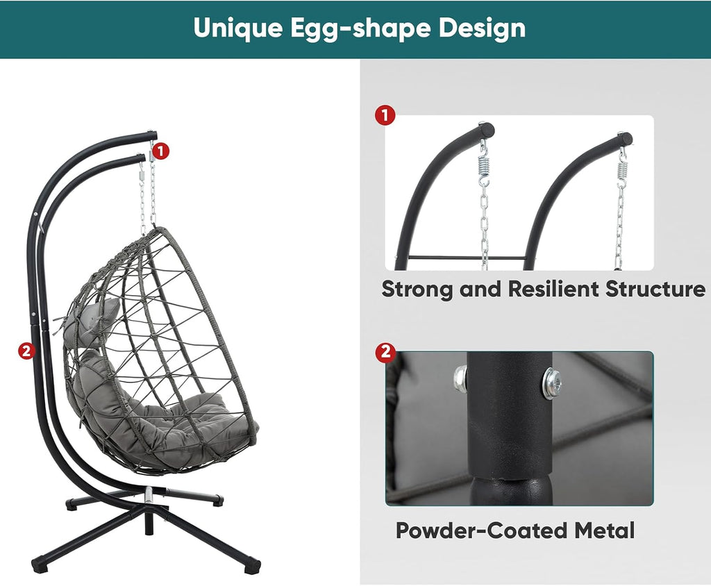 JOYBASE Double Swing Egg Chair with Stand, 2-Person Hanging Egg Chair Wicker Rattan Oversized Swinging Chair for Outdoor Indoor Garden Patio (Grey)