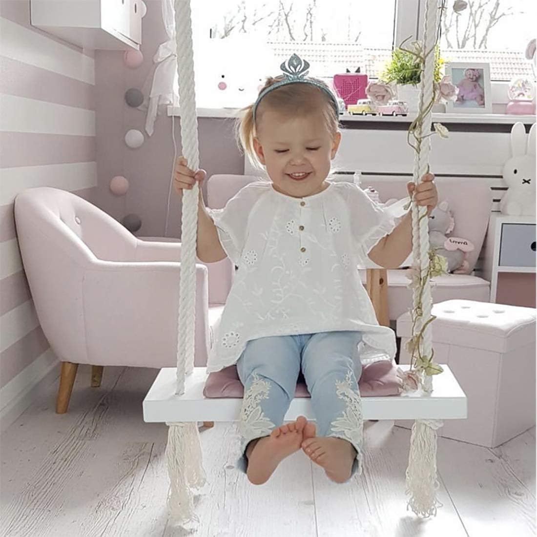 Indoor Swing Chair Hanging Swings Set for Kids, Wooden Rocking Chair with Cushion, Children's Room Furniture for Decoration, Children's Toys,Blue