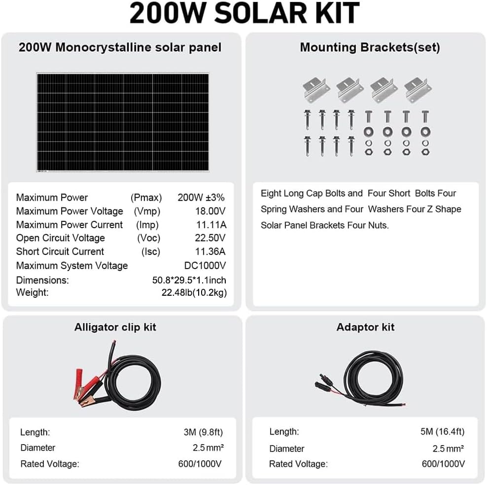 DOKIO 200W 18V Solar Panel Kit Monocrystalline with Aluminum Frame and MC4, Mounting Brackets, Alligator Clips & 5m Cable for RV, Boat, Roof, Cabin, Off-Grid (Controller Required)