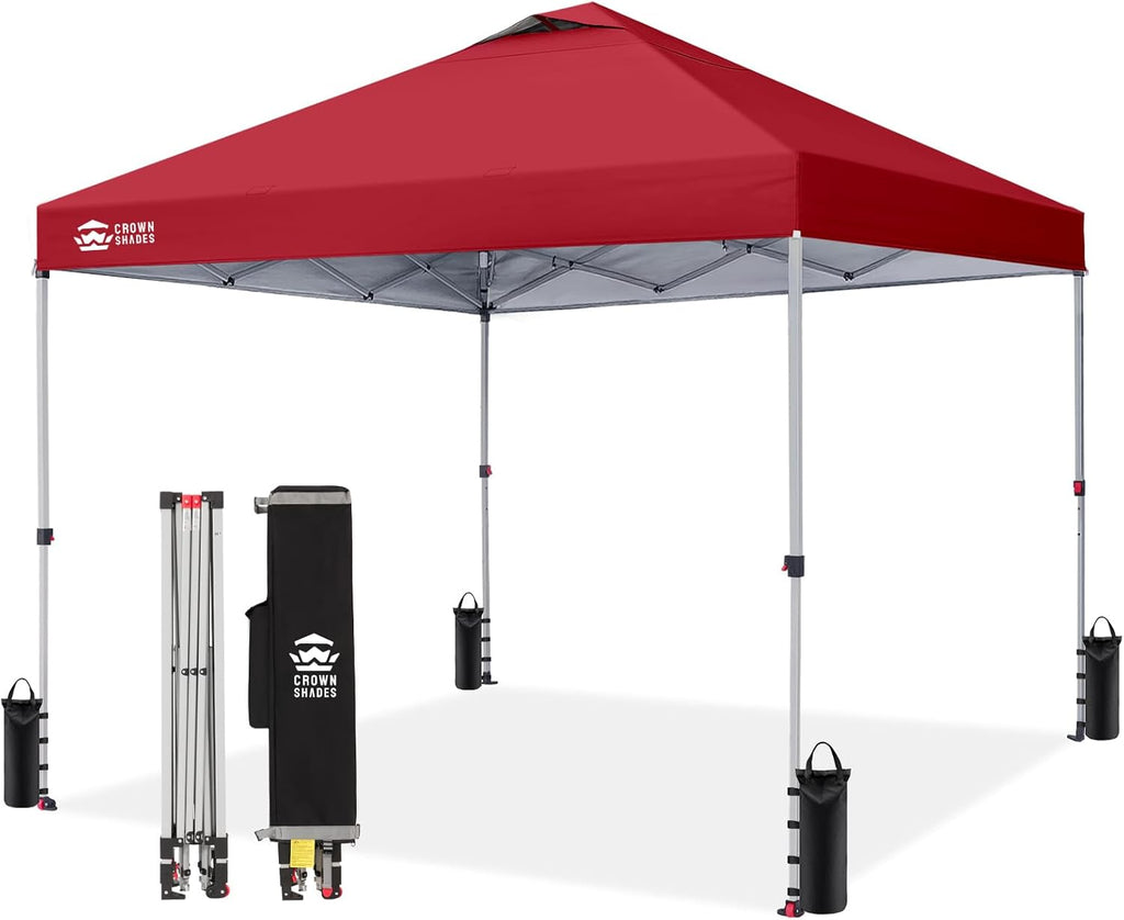 CROWN SHADES 12x12 Pop Up Canopy Outside Canopy, Patented One Push Tent Canopy with Wheeled Carry Bag, Bonus 8 Stakes and 4 Ropes, Red