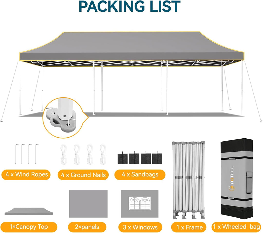 Hoteel 10x30 Pop Up Canopy Tent Heavy Duty with 5 Sidewalls, Waterproof Party Tent, Easy Set-up Commercial Instant Tents with Roller Bag & Sandbags, Hexagonal Leg (1-Year Warranty)
