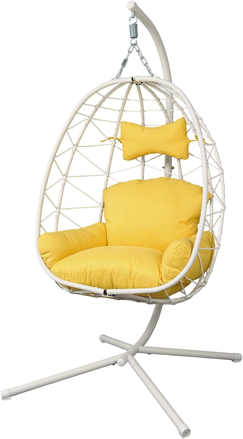 Egg Chair with Stand, Wicker Hanging Chair for Outdoor Patio, Cushioned Hammock Swing for Bedroom Garden Indoor/Outdoor, Double-Zipper Structure Hanging Egg Chair (White and Yellow)