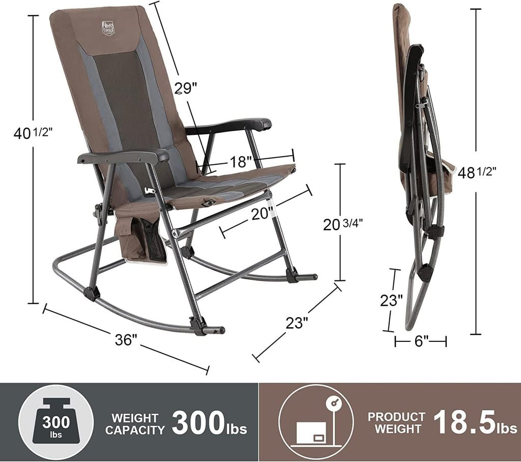 TIMBER RIDGE Outdoor Folding Rocking Chair, 29' Padded High Back Neck & Back Support, Hard Armrests for Easy Stand Up, Stable Steel Frame Supports 300 lb, Quick Fold for Patio, Lawn & RV Camping,Brown