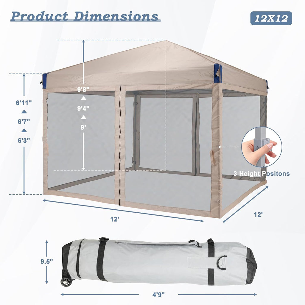 Aoodor 12x12 Ft Pop Up Canopy Tent with Netting, Water-Resistant 210D Oxford Fabric Shade, Easy Assembly Commercial Gazebo with Wheeled Carry Bag & 4 Sand Bags for Camping, Party, Khaki