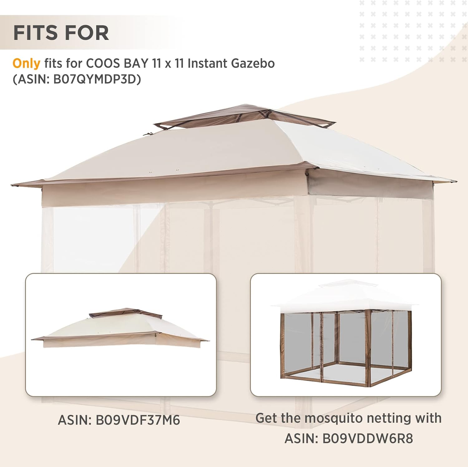 COOS BAY 11x11 Replacement Gazebo Top with Air Vent Sunshade Polyester Top Cover Only, Beige