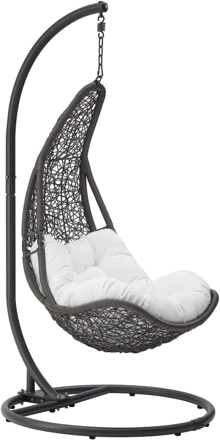 Modway Abate Wicker Rattan Outdoor Patio Porch Lounge Swing Chair Set with Stand in Gray White