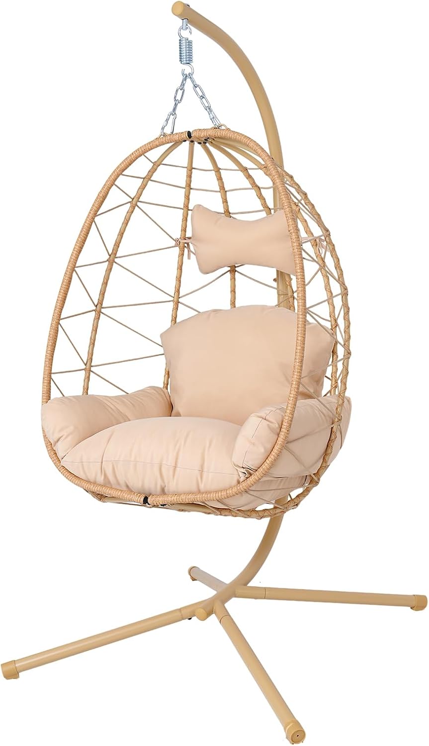Egg Chair with Stand, Wicker Hanging Chair for Outdoor Patio, Cushioned Hammock Swing for Bedroom Garden Indoor/Outdoor, Double-Zipper Structure Hanging Egg Chair (Yellow and Beige)