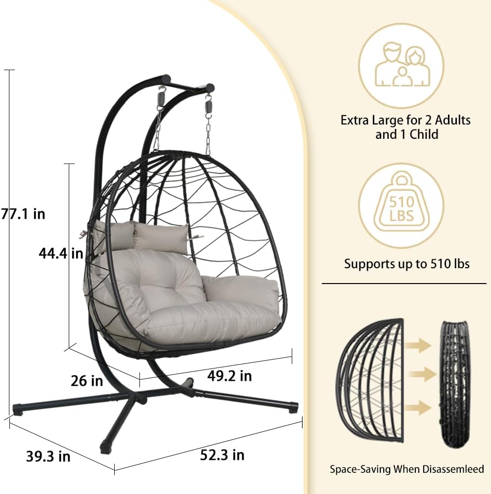 Double Egg Chair with Stand Patio Love Seats Chair w/Cushion Outdoor Waterproof Hanging Swing Wicker Rattan Basket (Gray)