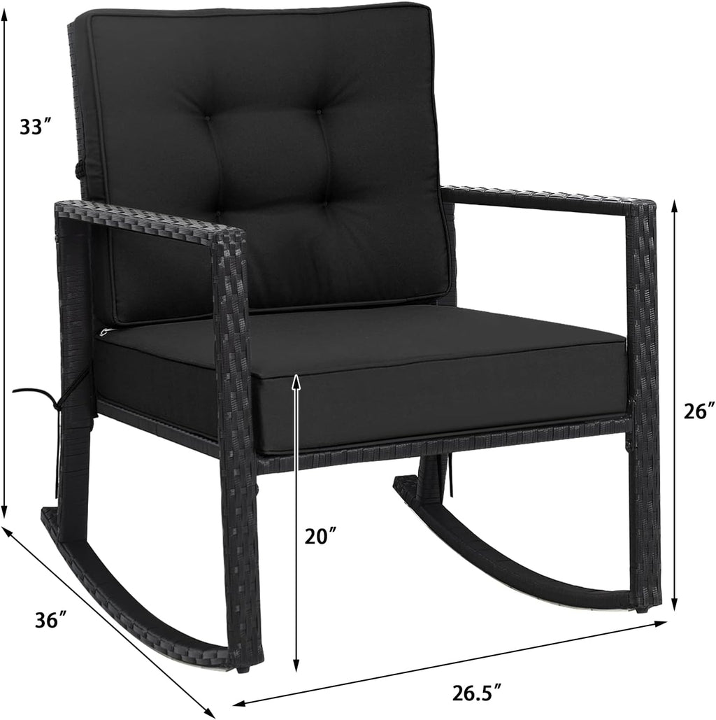 Tangkula Wicker Rocking Chair, Outdoor Glider Rattan Rocker Chair with Heavy-Duty Steel Frame, Patio Wicker Furniture Seat with 5' Thick Cushion for Garden, Porch, Backyard, Poolside (1, Black)