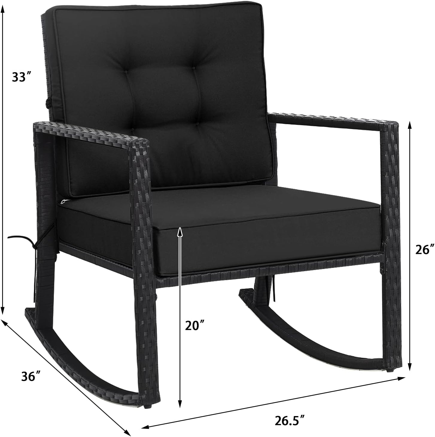 Tangkula Wicker Rocking Chair, Outdoor Glider Rattan Rocker Chair with Heavy-Duty Steel Frame, Patio Wicker Furniture Seat with 5' Thick Cushion for Garden, Porch, Backyard, Poolside (1, Black)