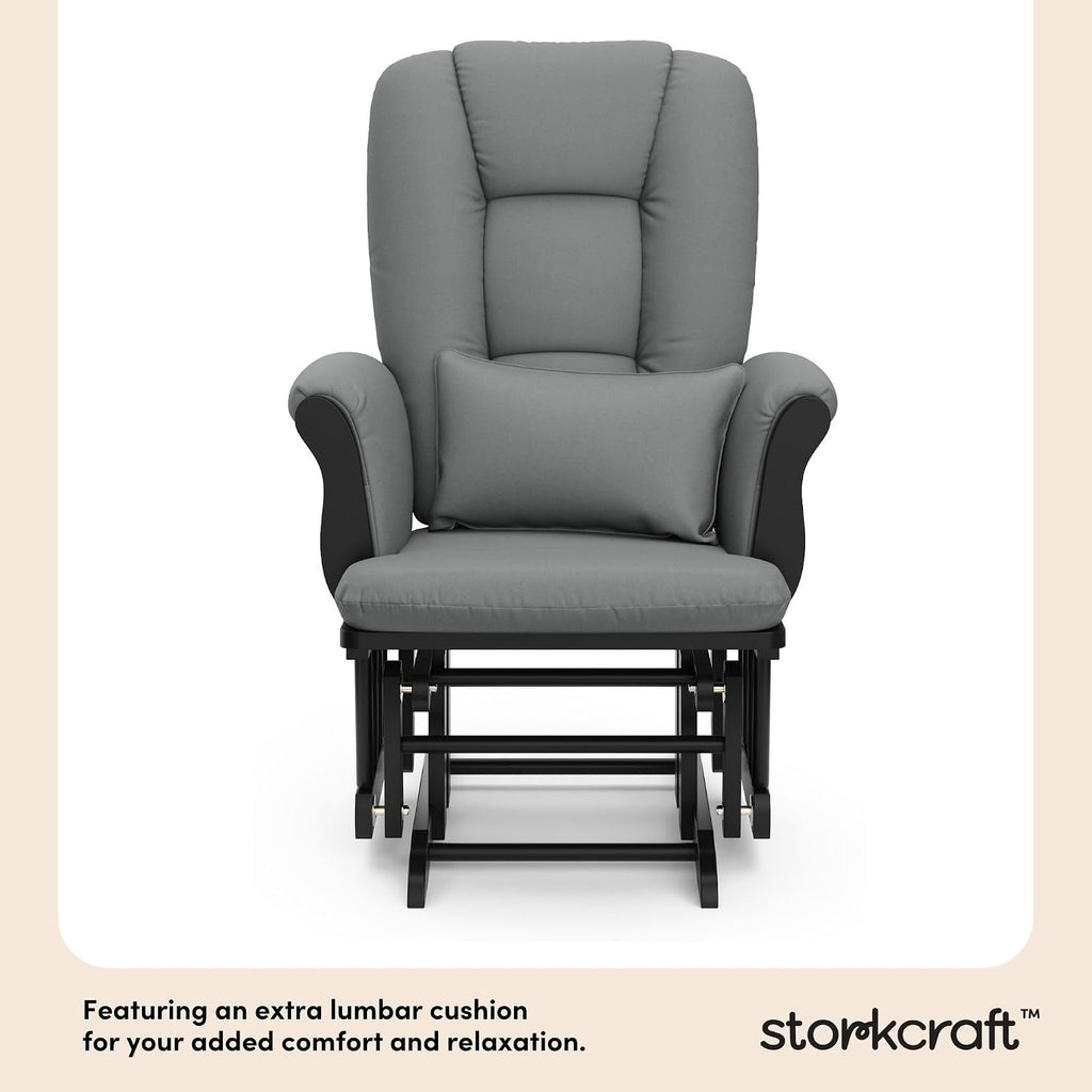 Storkcraft Tuscany Glider with Ottoman (Black/Gray) — GREENGUARD Gold Certified, Bonus Lumbar Cushion Included, Solid Wood Base, Smooth Motion, Award-Winning Nursery Rocking Chair, Glider and Ottoman