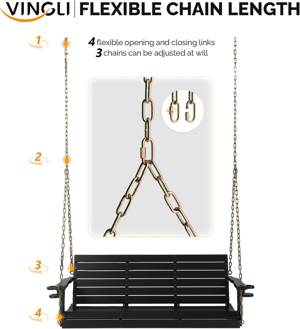 VINGLI Heavy Duty 1600 LBS HDPE Porch Swing Outdoor with Rotatable Cup Holder, 5 FT Patio Bench Swing with Adjustable Chains, 3 Person Hanging Porch Swing Chair for Porch, Yard, Tree, Garden - Black