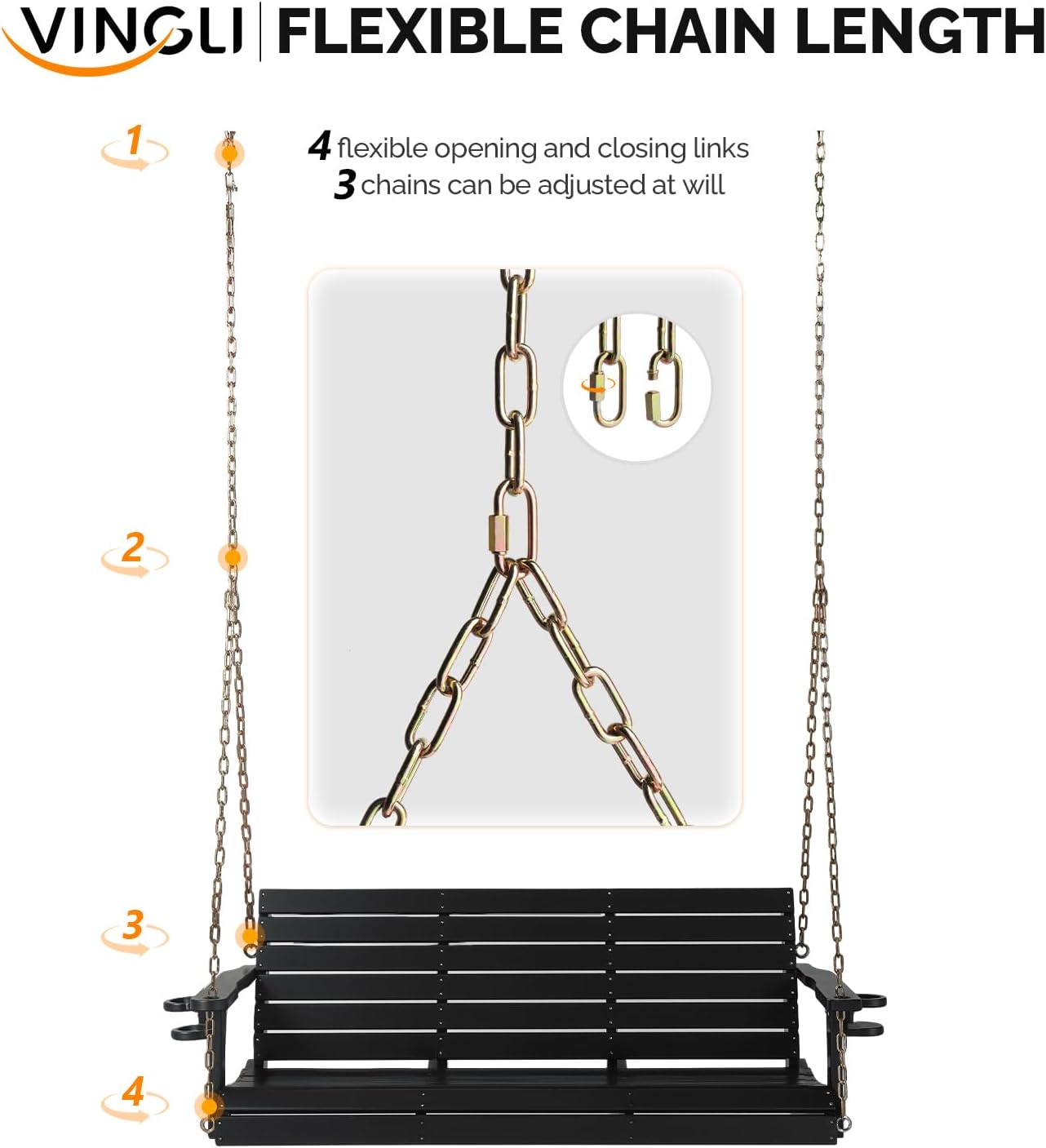 VINGLI Heavy Duty 1600 LBS HDPE Porch Swing Outdoor with Rotatable Cup Holder, 5 FT Patio Bench Swing with Adjustable Chains, 3 Person Hanging Porch Swing Chair for Porch, Yard, Tree, Garden - Black