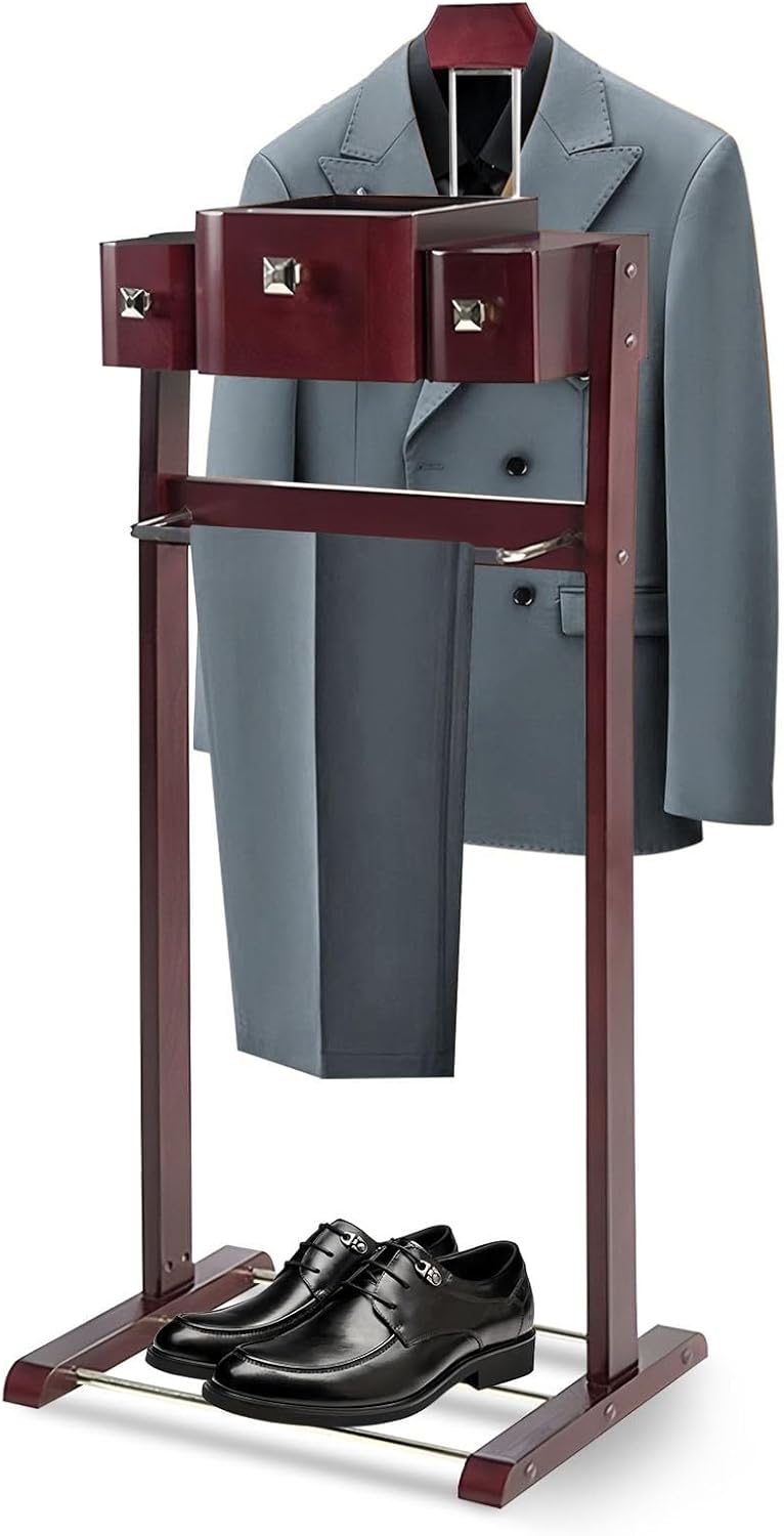 Wood Men Suit Valet Stand, with Belt Hooks Shoe Rack Multi-functional Coat Rack with Drawer Base Standing Clothes Organizer Rack for Entryway, Bedroom, Office for Women And Men