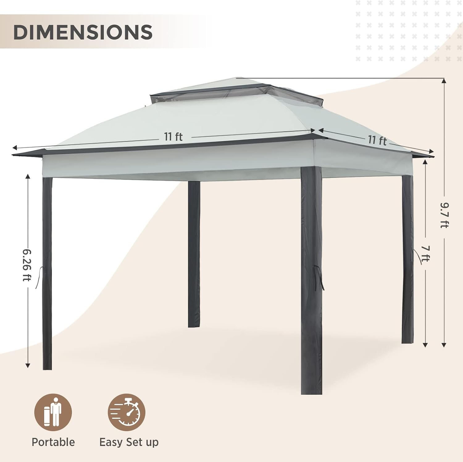 COOS BAY 11x11 Replacement Gazebo Top with Air Vent Sunshade Polyester Top Cover Only, Gray