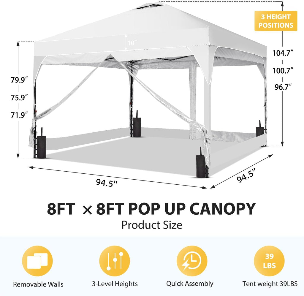 8x8 FT 1-Button Push Pop Up Canopy with 4 Clear PVC Sidewalls, Sandbags, Instant Canopy Tent for Outdoor Events