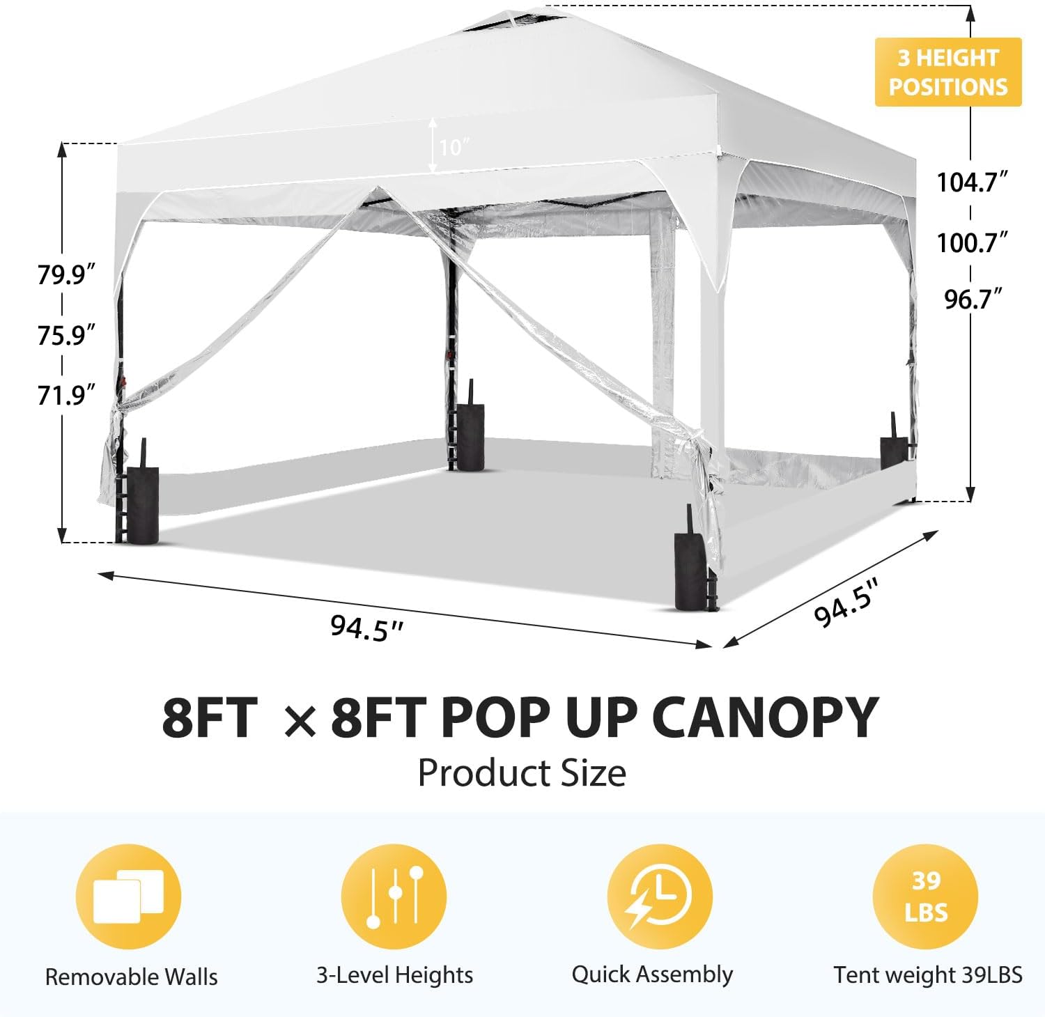 8x8 FT 1-Button Push Pop Up Canopy with 4 Clear PVC Sidewalls, Sandbags, Instant Canopy Tent for Outdoor Events