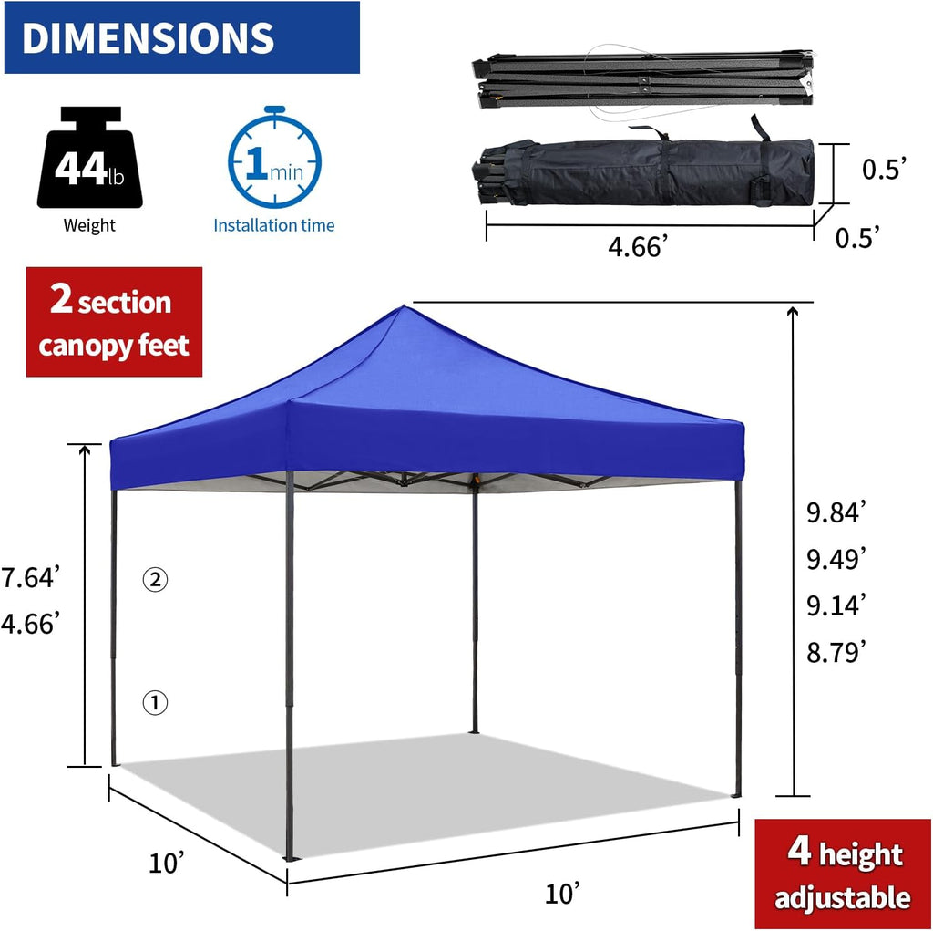 10x10 Pop up Canopy Tent with Sidewalls,Heavy Duty Waterproof Sun Shade Canopy Easy up Canopy with Wheel Bag Commercial Gazebo Tent for Outdoors Parties Vendors Camping Beach(Blue)