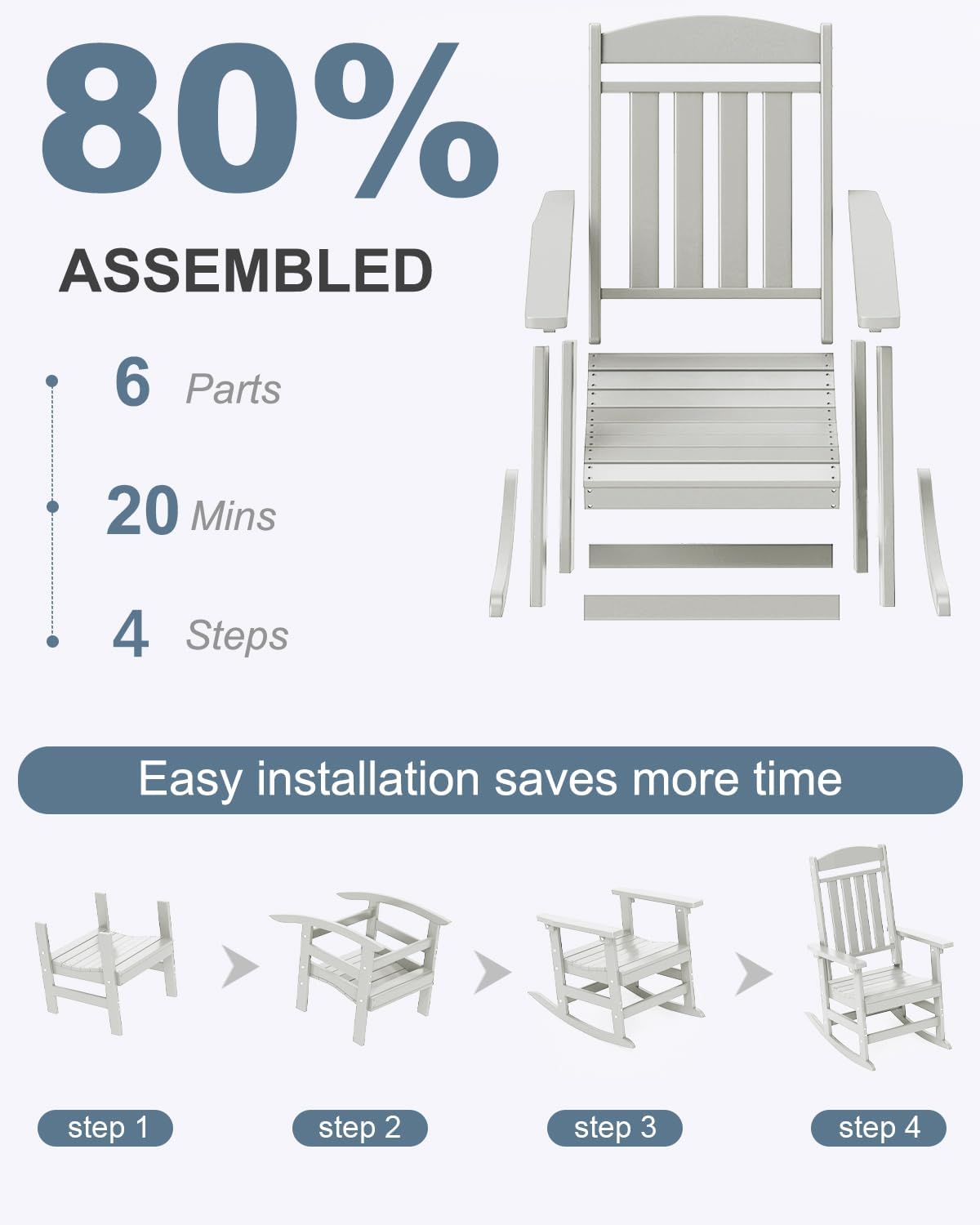 NAVINE Outdoor Rocking Chairs Set of 4, Oversized High Back Patio Rocking Chairs, All Weather Porch Rocking Chairs for Outside. White