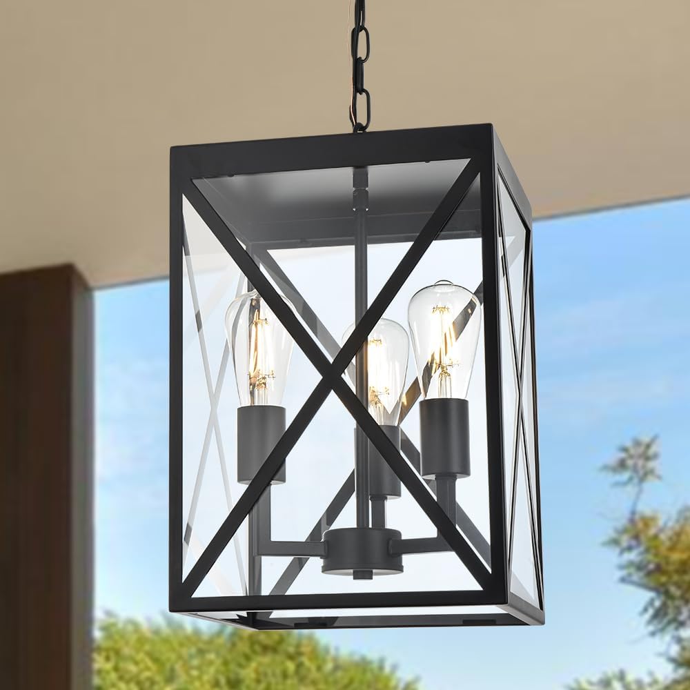 TODOLUZ Large Outdoor Porch Light Adjustable Chain, 3-Lights Modern Outdoor Pendant Lighting in Matte Black Finish, Outside Ceiling Mount Lamp for House Front Door Porch Patio Entryway