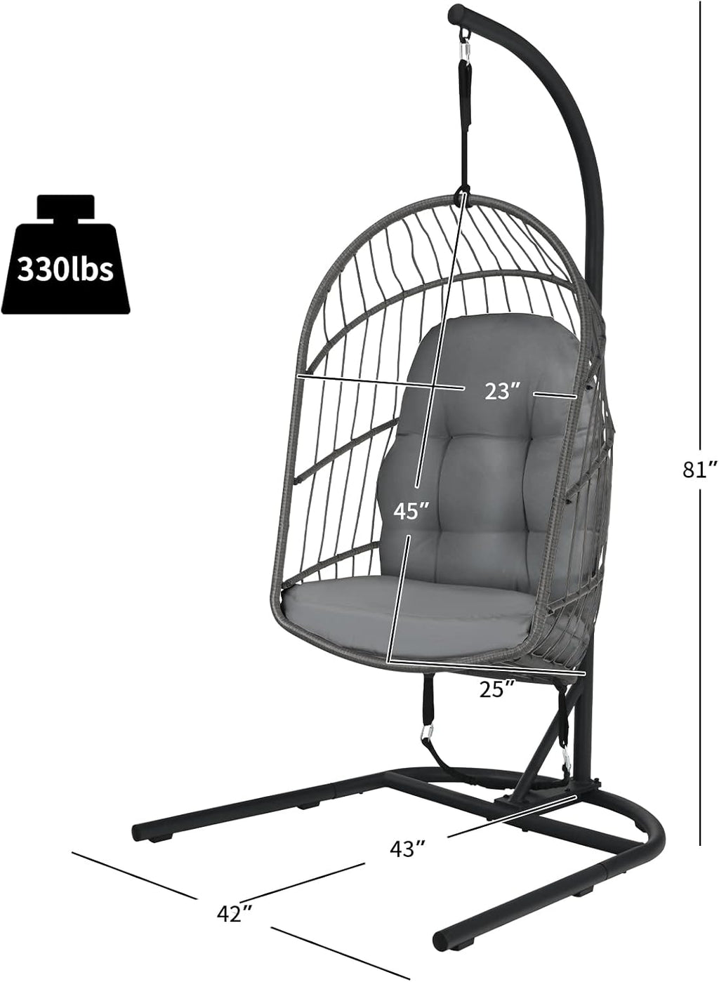 Giantex Hanging Egg Chair with Stand, Outdoor Indoor Foldable Swing Chair with Cushions, Rattan Hanging Basket Chairs with C Hammock Stand, Hanging Hammock Chair for Bedroom Balcony Patio (Grey)