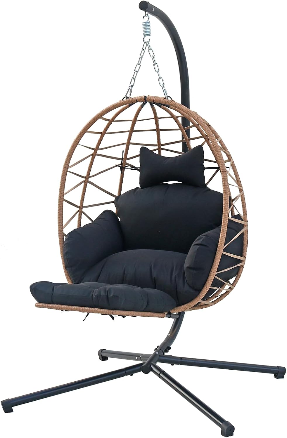 Hanging Egg Chair with Stand & Leg Rest,Rattan Wicker Swing Chair with Cushion,Patio Basket Hanging Chair Wicker Hammock Chair for Indoor Outdoor Bedroom Garden,300LBS (Yellow Rattan&Black Cushion)