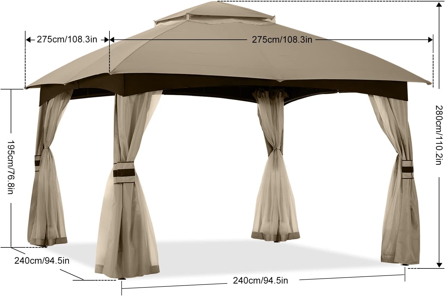 ABCCANOPY 8x8 Outdoor Gazebo - Patio Gazebo with Mosquito Netting, Outdoor Canopies for Shade and Rain for Lawn, Garden, Backyard & Deck (Khaki)