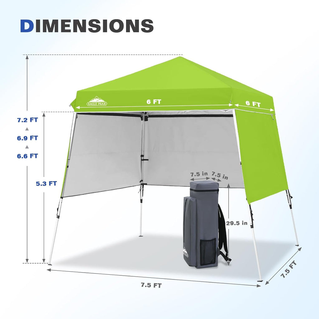 EAGLE PEAK Day Tripper 8x8 Aluminum Super-Lightweight Slant Leg Pop Up Canopy with 3 Removable Walls, Instant Outdoor Backpack Canopy Tent, Outside Beach Folding Sun Shelter, 8x8 Base 6x6 Top, Green