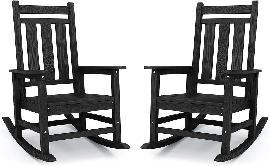 KINGYES Oversized Outdoor Rocking Chair Set of 2, All-Weather Patio Rocking Chairs for Porch, HDPE Outdoor Patio Rockers with High Back & Wide Seat for Garden, Lawn, Black