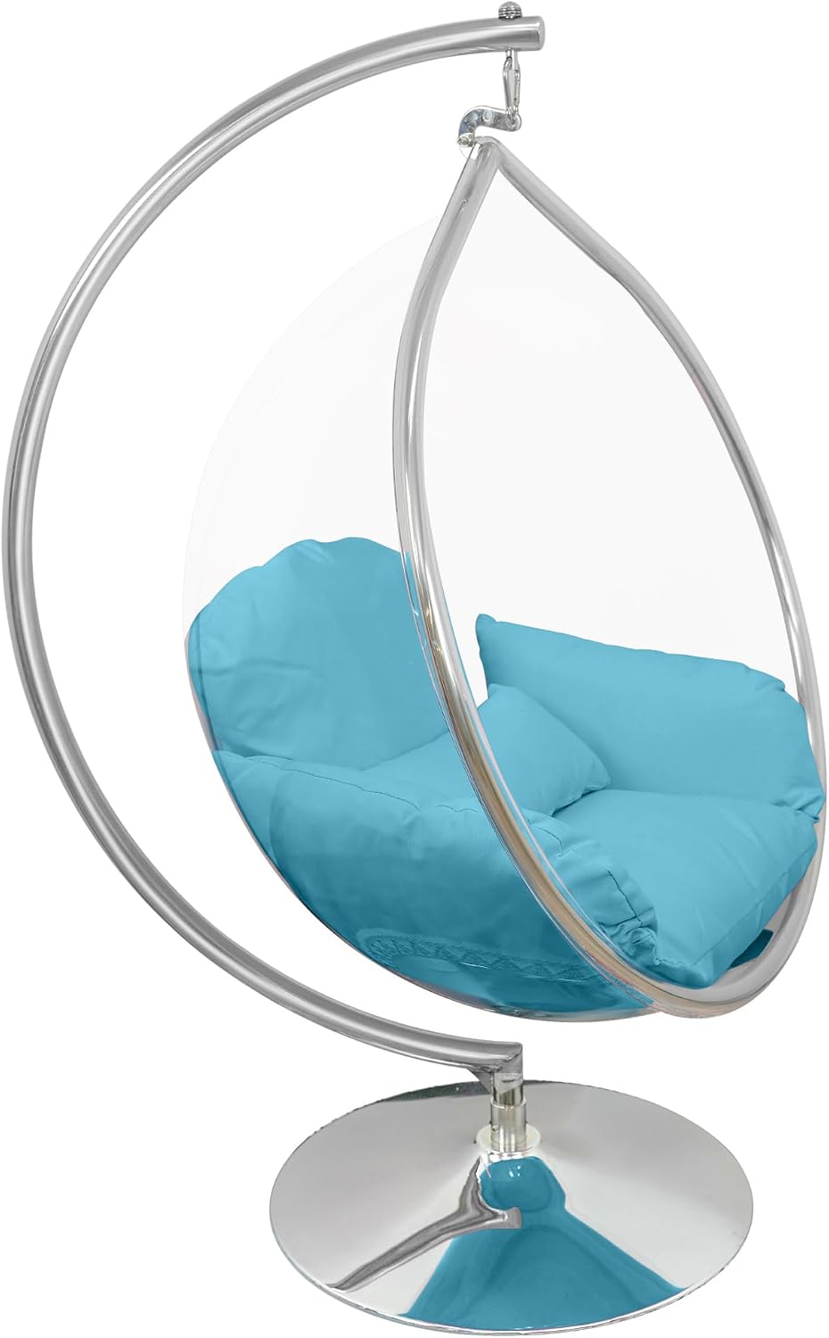 Hanging Chair - Transparent Acrylic Bubble, Waterdrop Shape, Indoor Swing Chair with Gold/Chrome Stand, Durable Fabric Cushion - Luxury Accent for Living Room, Bedroom (Chrome/Blue)