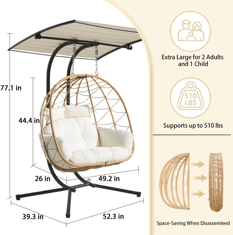 Double Egg Chair with Stand/Adjustable Canopy Patio Love Seats Hammock Chair Hanging Swing Wicker Rattan Basket for Outdoor Balcony Garden (Yellow+White)