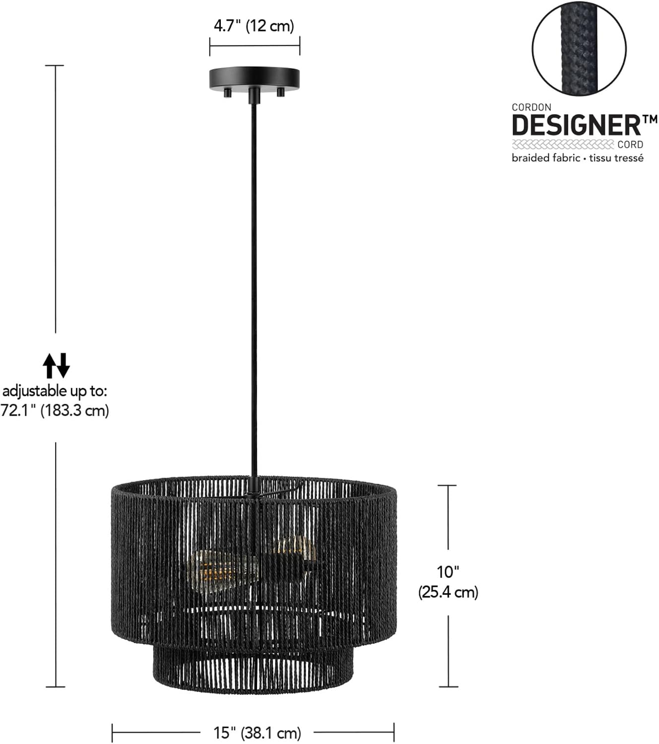 Globe Electric 67000102 2-Light Pendant Light Fixture, Matte Black, Paper Twine Shade, Braided Fabric Cord, Kitchen Island Lighting, Living Room Pendant Light, Hanging Lights for Bedroom