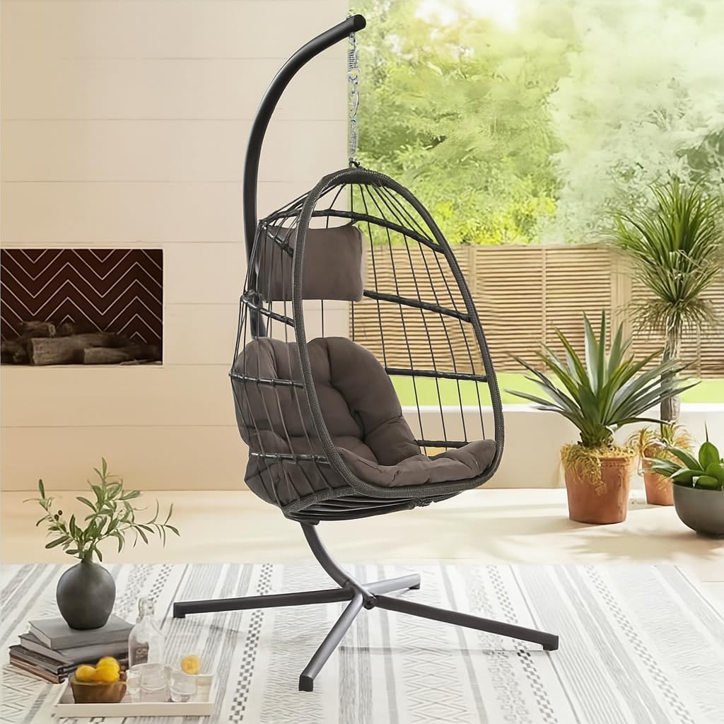 Classic Egg Hammock Chair with Stand, Weather-Resistant PE Rattan & Steel Frame, Indoor/Outdoor Hanging Chair for Patio, Garden, Living Room - Cushioned Seat & Headrest (Grey)