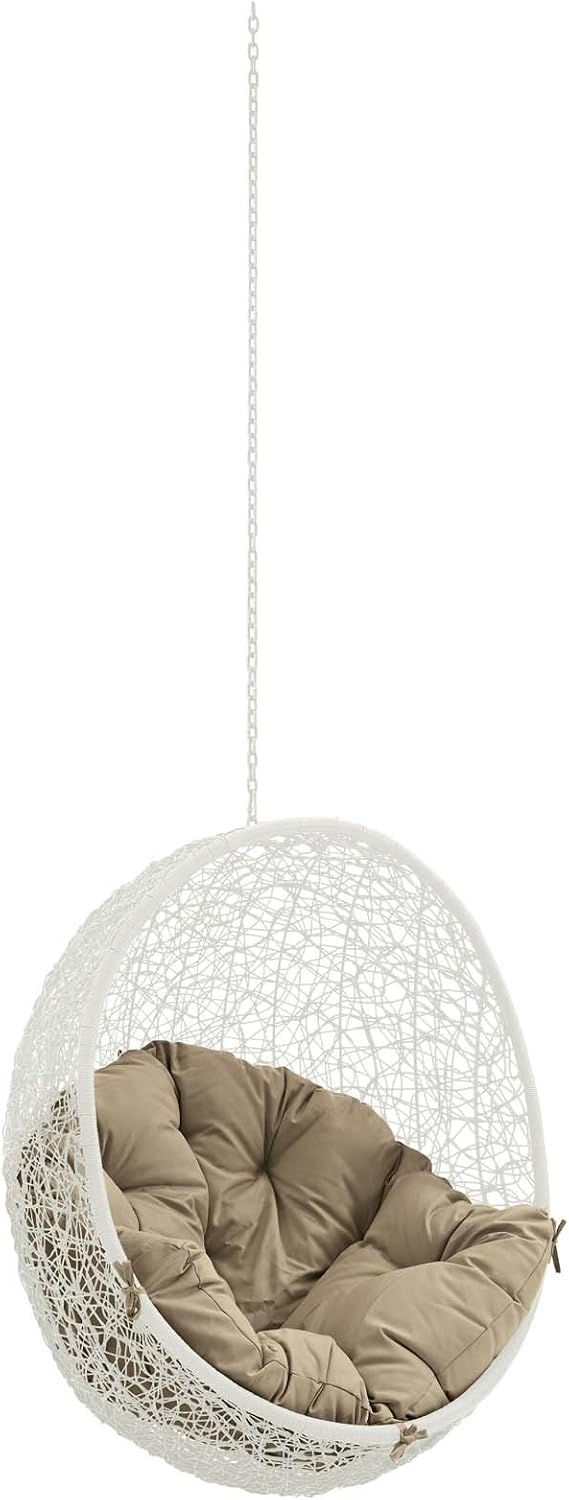 Modway Hide Wicker Rattan Outdoor Patio Swing Chair with Hanging Steel Chain in White Mocha