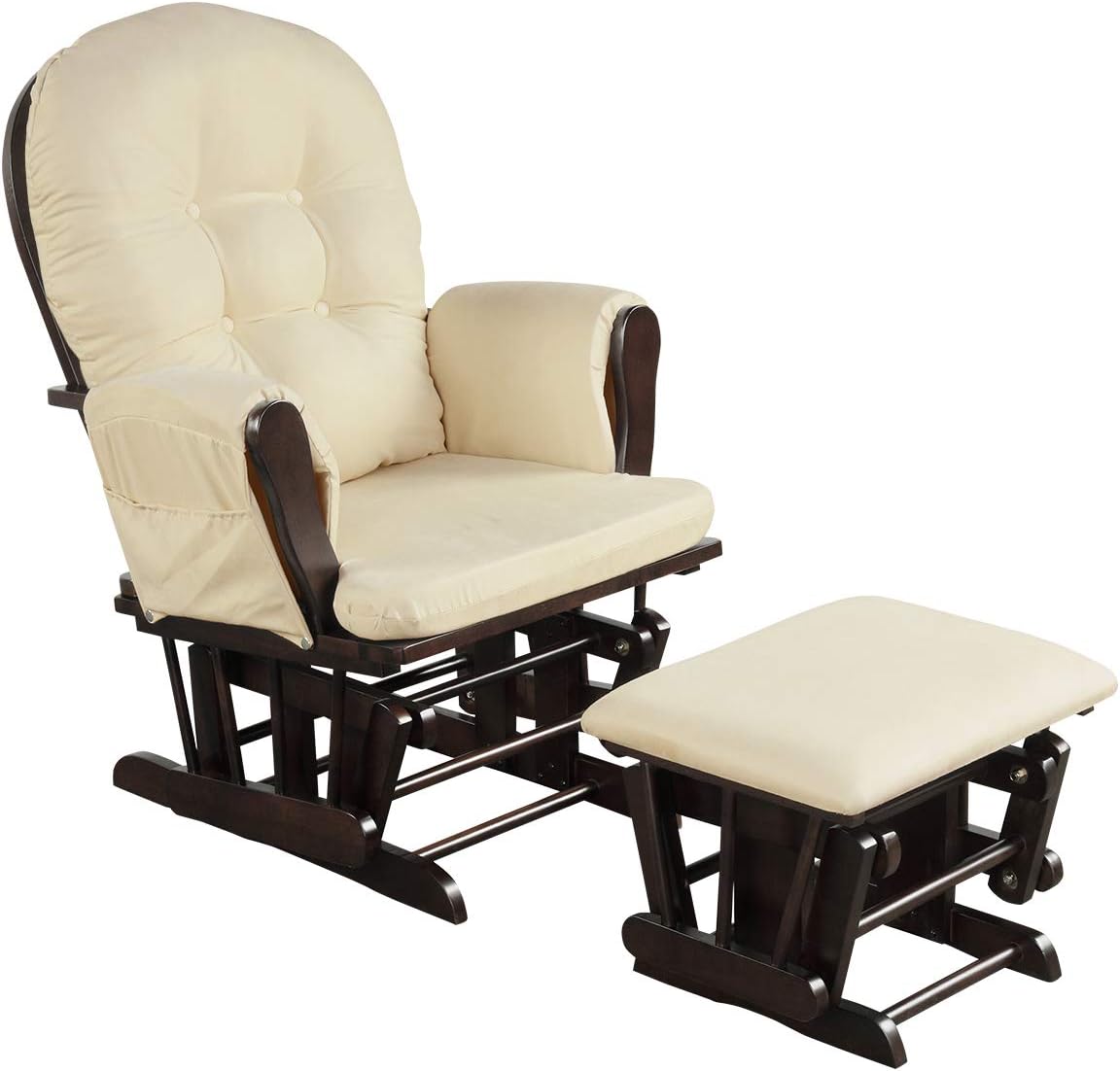 Costzon Nursery Glider with Ottoman, Upholstered Comfort Glider Rocker with Padded Cushion, Storage Pocket, Solid Wood Base, Rocking Chair Nursery for Breastfeeding, Napping (Beige)